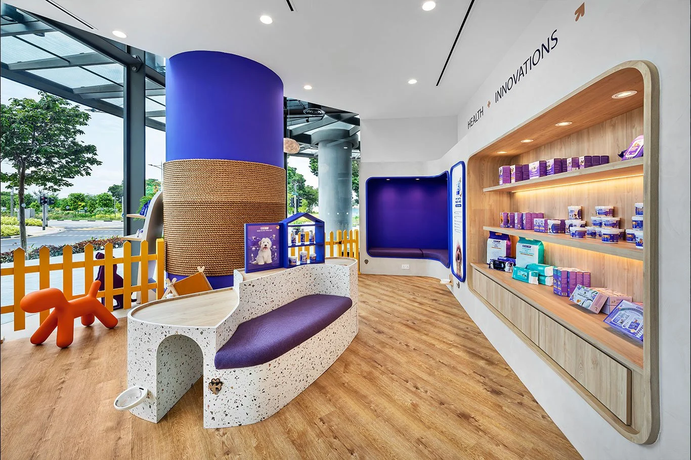 Pet-friendly HICC Pet showroom with curved product display areas