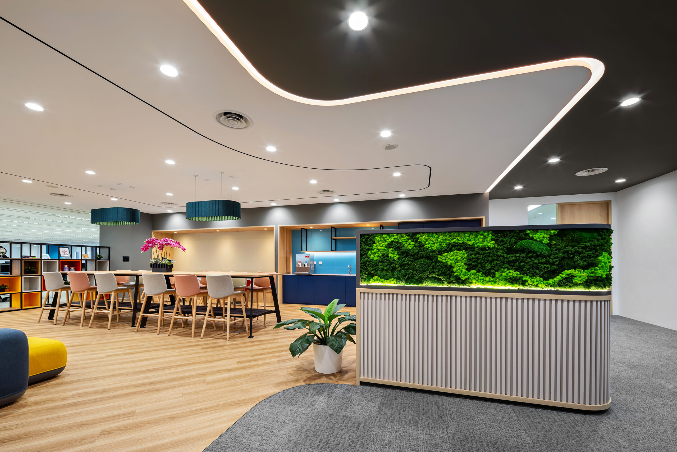 BDO LLP office interior design with biophilic logo wall at Parkview Square