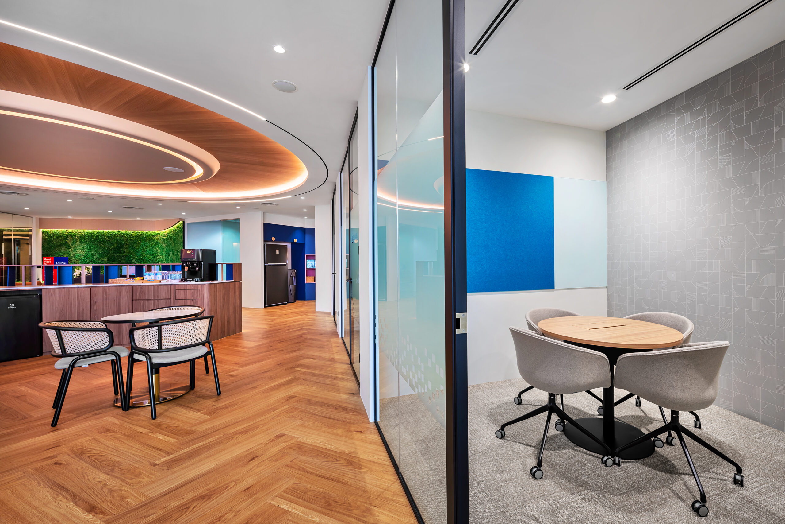 Flexible office meeting space with operable wall and reconfigurable furniture