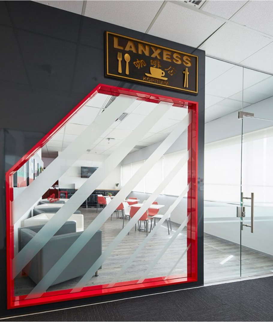 LANXESS office pantry with frosting glass panel and local Kopitiam-inspired signboard