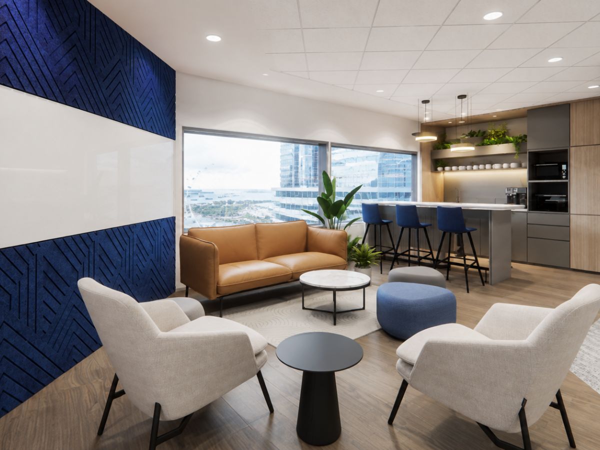 Brevan Howard office pantry with blue acoustic panels and orange leather couch