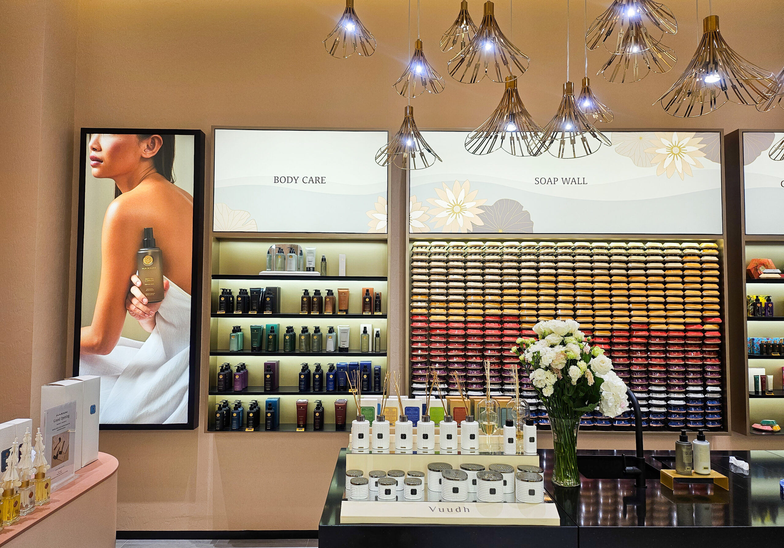 HARNN skincare store with custom illuminated product shelving