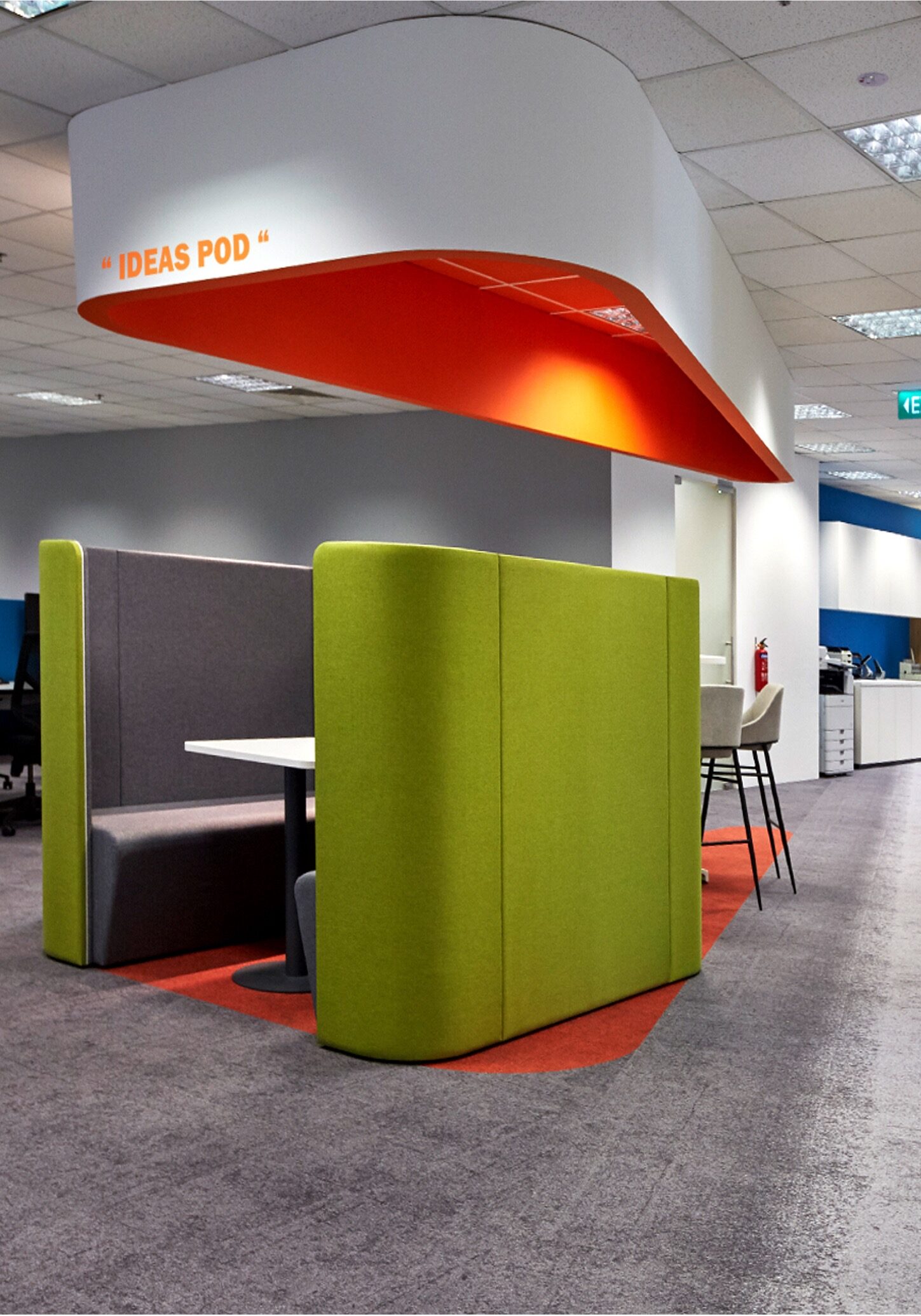 GfK privacy pod with brand colors and acoustic panels