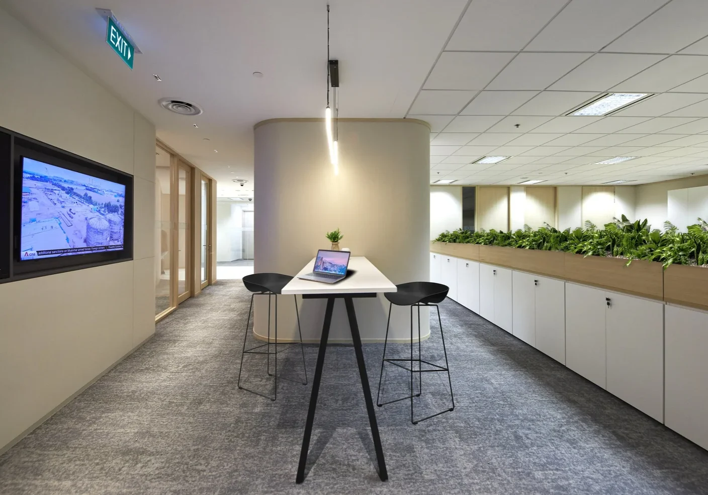 Persistent Asset central work area with high table, storage and indoor greenery