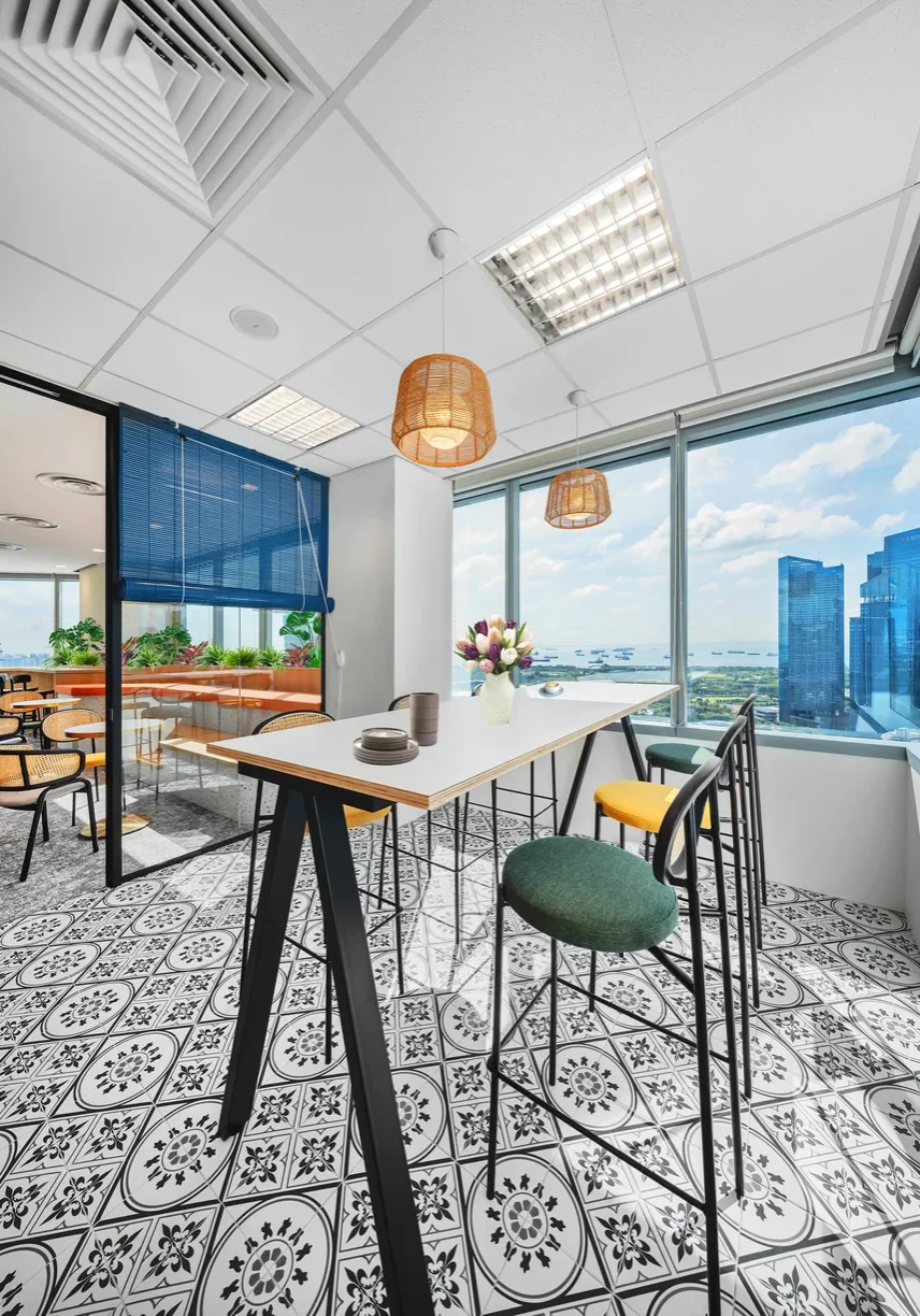 Peranakan-inspired Arohi office pantry with tiered seating and collaborative space